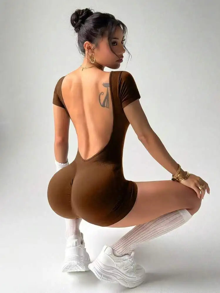 Women Backless Gym Playsuits Shorts Scrunch Workout Yoga Pants Leggins Sports Fitness Athletic Tights Summer Casual Rompers