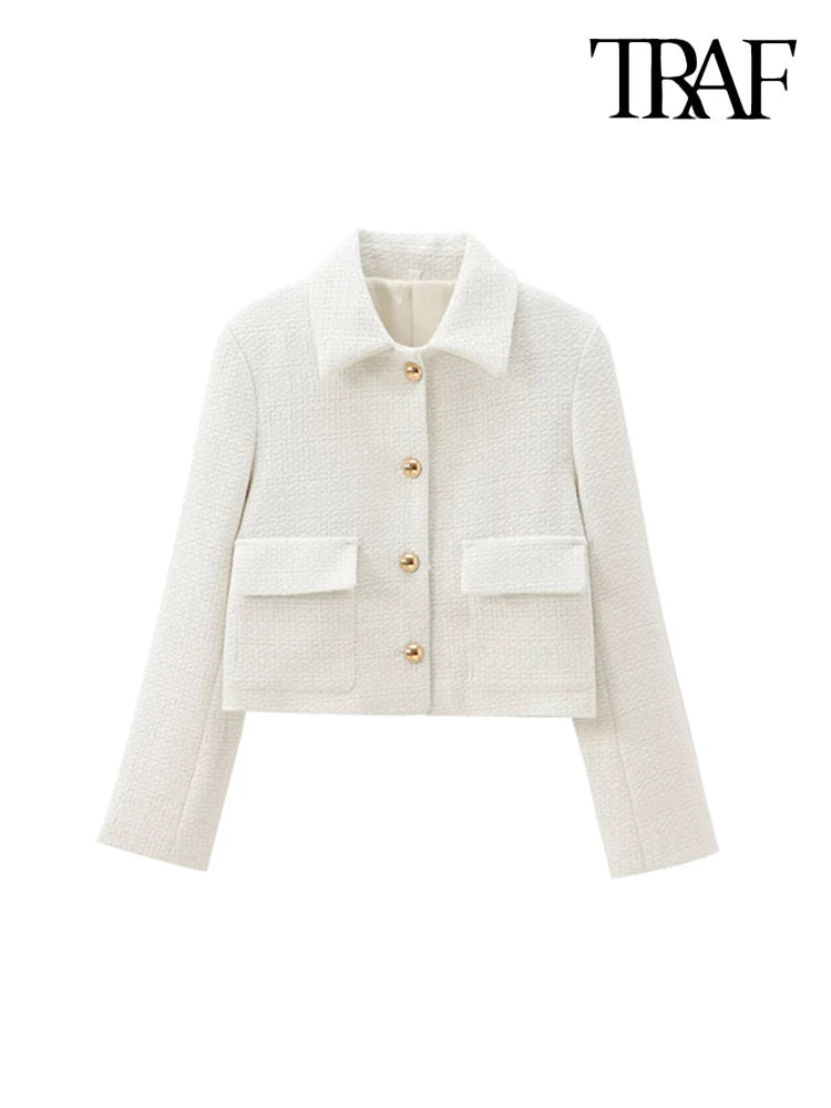 TRAF Women Fashion With Pockets Tweed Jacket Coat And High Waist Side Zipper Mini Skirt Female Two Piece Sets Mujer