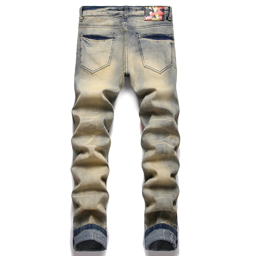 Herren Bedruckte Stretch-Jeans Streetwear Charakter Totenkopf Flamme Bemalte Hose Vintage Knöpfe Fly Schlanke zerrissene Hose