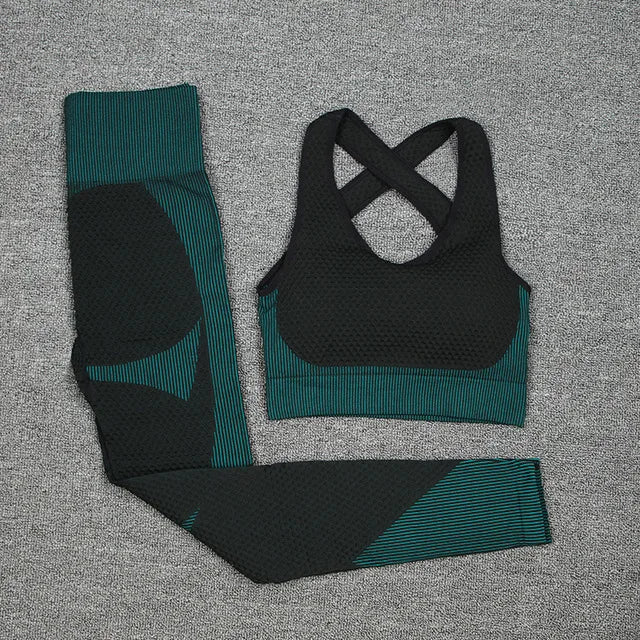 New  Spring Autumn Set Reticulate Stretch Fitness Seamless  Sportswear Suit For Women