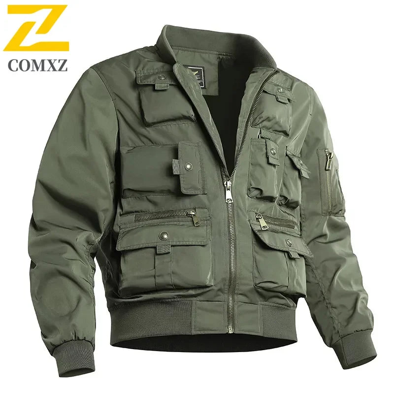 Autumn and Winter Men's stormcoat  New Solid Color Multi Pocket Loose Outdoor Fishing Work Coat Men Retro Waterproof Jacket