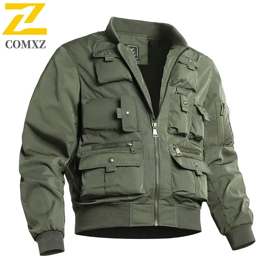 Autumn and Winter Men's stormcoat  New Solid Color Multi Pocket Loose Outdoor Fishing Work Coat Men Retro Waterproof Jacket