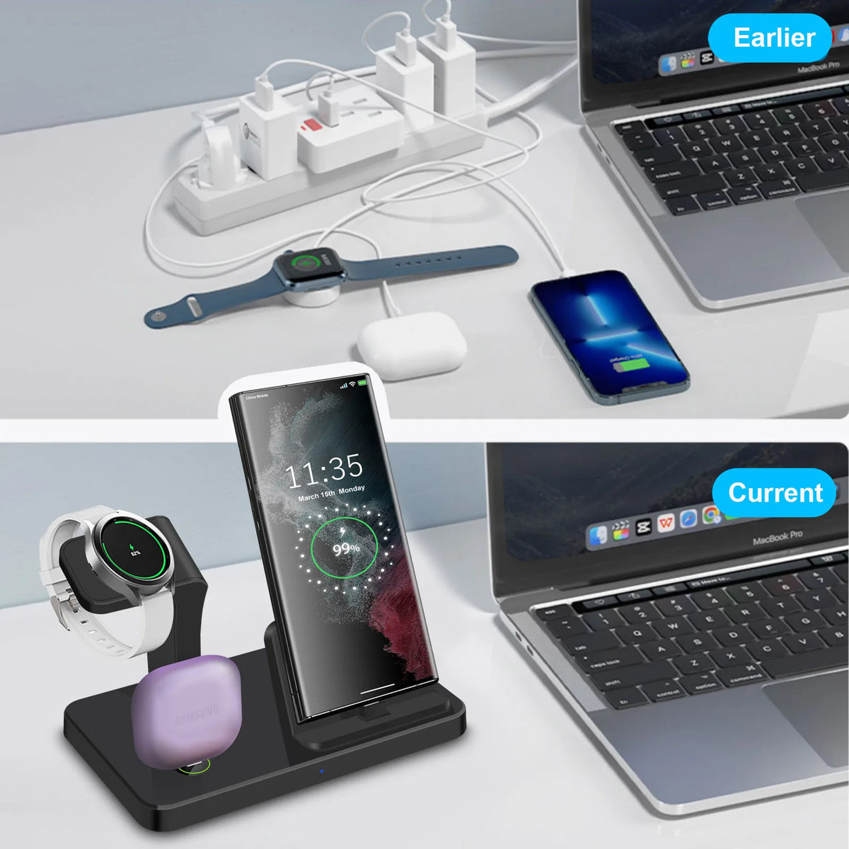 Desk 3 in 1 Type C Port Wireless Charger Dock For Samsung S26 S25 S24 Galaxy Watch 8/7/6/5/4 Buds Pro4/3/2 Fast Charging Station
