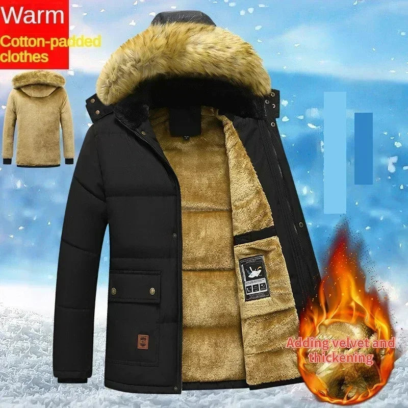 2024 neue Männer Winter Herbst Arbeit Outwearing Parka Schwarz Fleece Gefüttert Dicke Warme Mit Kapuze Pelz Kragen Mantel Männlichen Größe 5XL Plüsch jacke