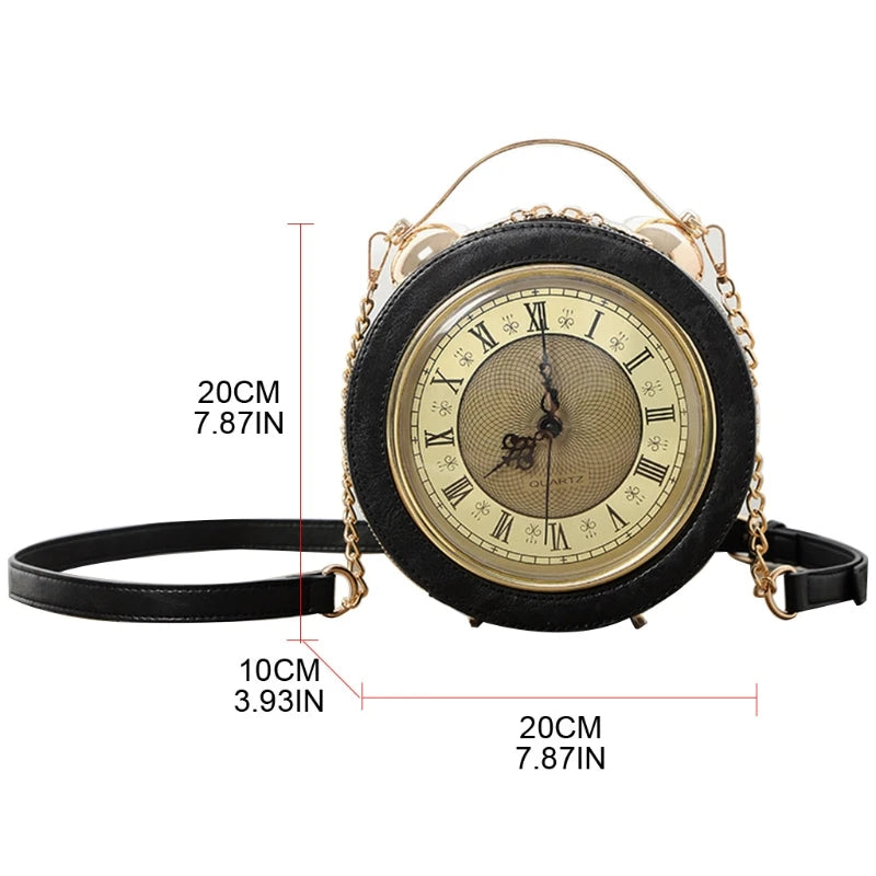 Fashion PU Leather Women Lady Vintage Clock Round Handbag Messenger Crossbody Shoulder Bag Chain Purse