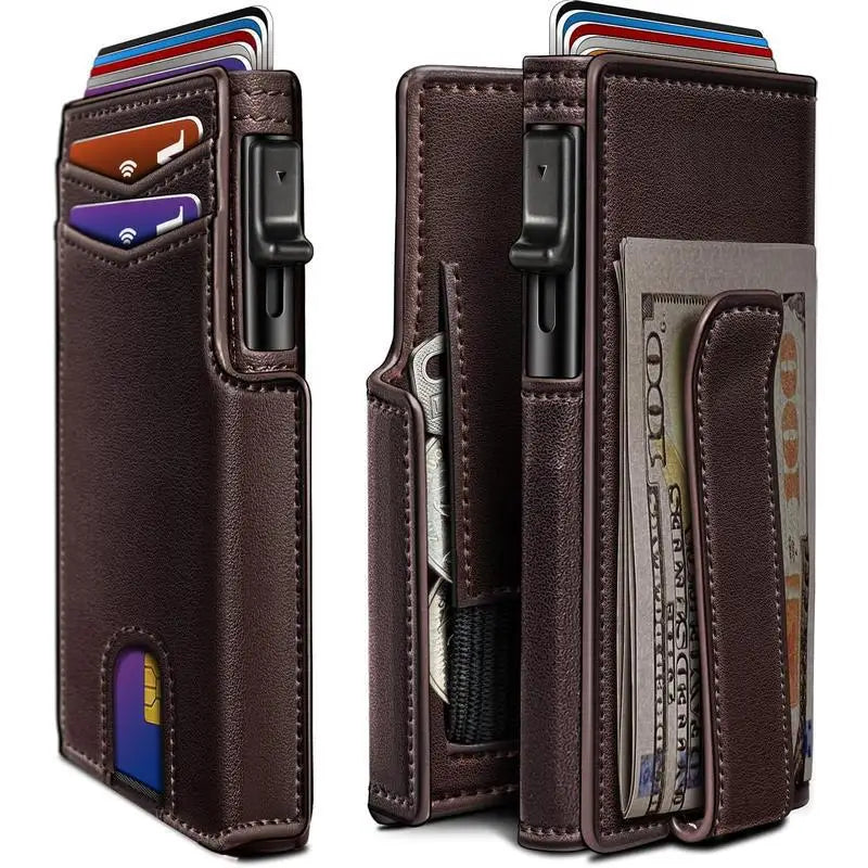 OUIO New Black Leather Wallet For Men Slim Bifold RFID Blocking Wallet With Pop-Up Metal Card Holder Card Sleeves POP UP Wallet
