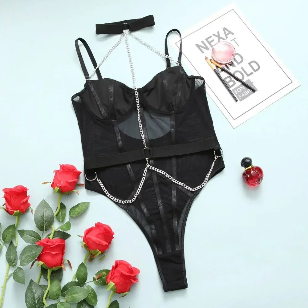 Black Skinny Fitness Bodysuit Women Sexy Lingerie with Halter Chain See Through Backless Teddy Body Suit