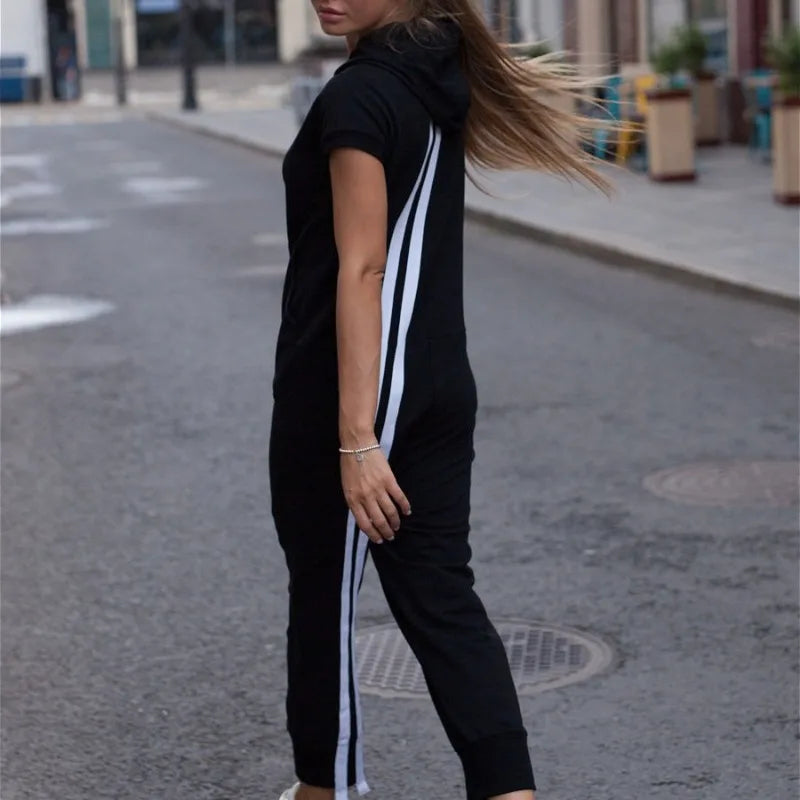 Women's Clothing Sports Style Women's Short Casual Jumpsuits Long Sleeves Fashion Contract Color Zipper Hooded Jumpsuits