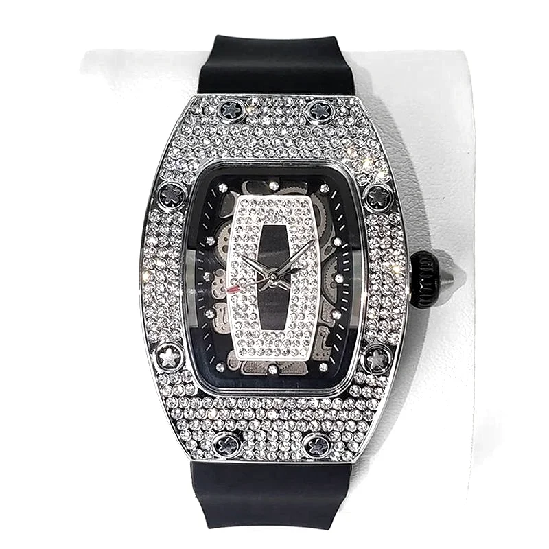 Hot Fashion Diamond Watch For Women Elegant Iced Jewelry Watches Sport Rubber Strap Tonneau Wristwatch Ladies Gift