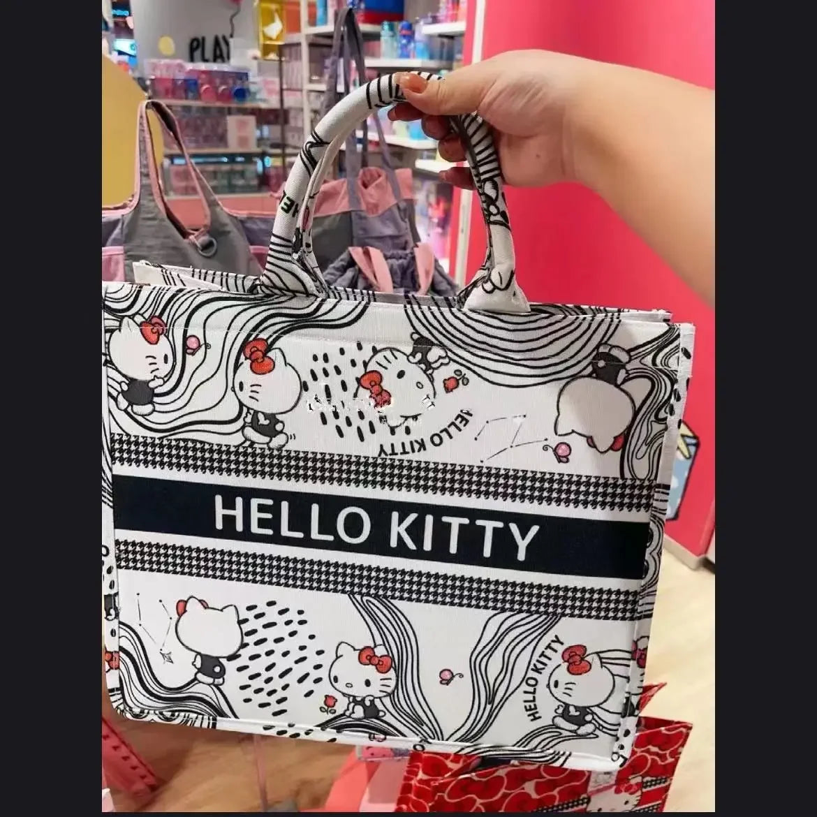Miniso Sanrio Hello Kitty Canvas Tote Bag for Women Cute Cartoon Large Capacity Shopping Bag Commuter Handbag My Melody Bags