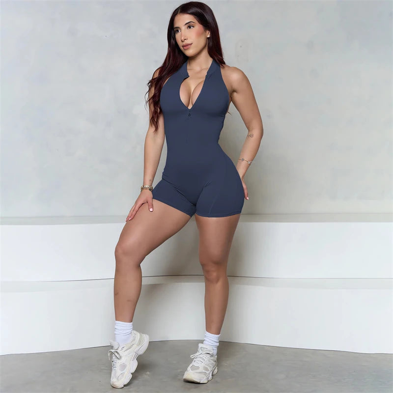 Women Bum Sleeveless ZIPPER Scrunch Butt Romper Women Sporty Jumpsuit Lycra Short Fitness Gym Overall New Workout Clothes