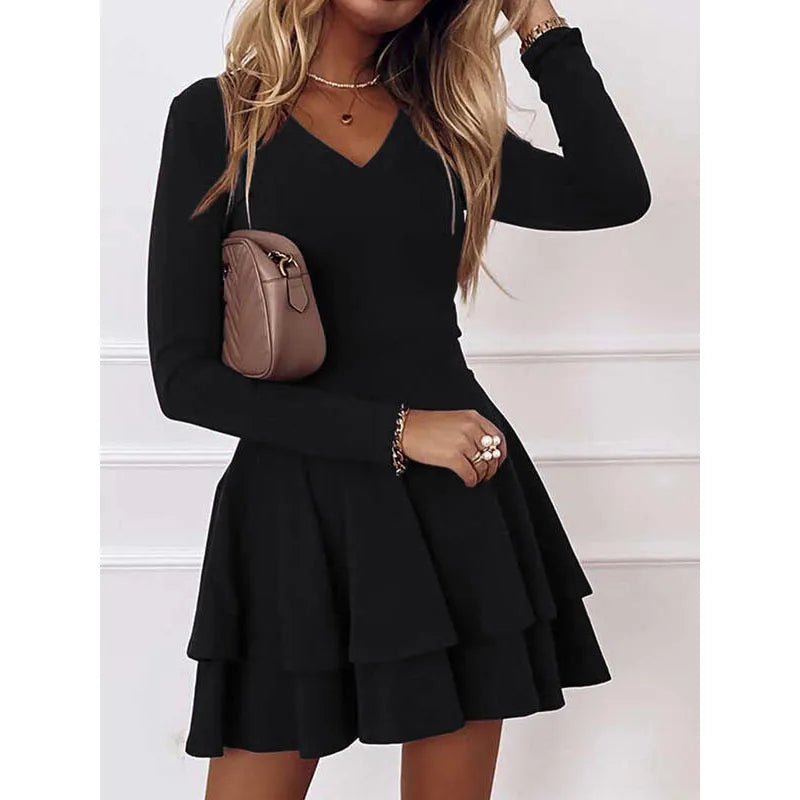 NEW Autumn V-Neck Solid Color Fashion Mid Waist Pullover Panel Bottom Fashion Versatile Style Long Sleeve Women's Dress