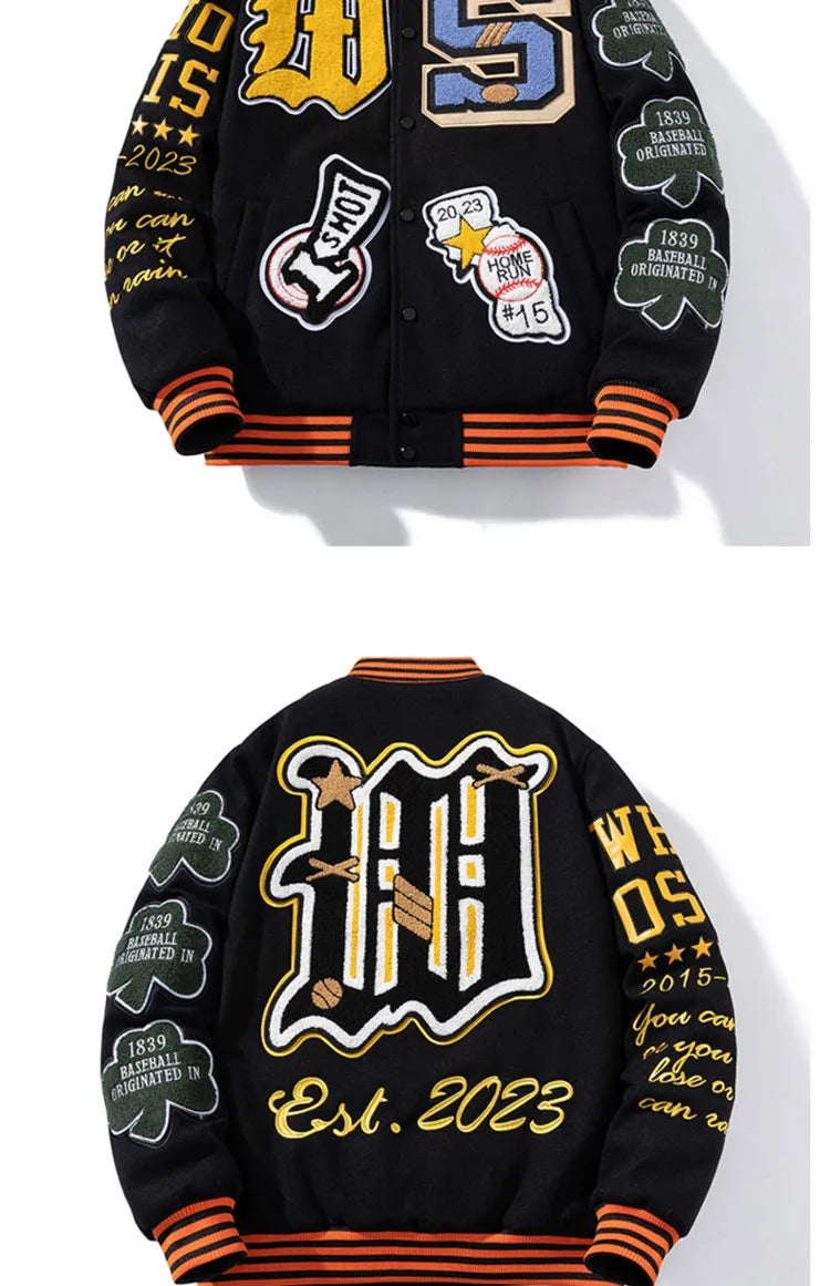 Embroidery Varsity Jacket Men Women Letter Winter American Baseball Jacket Hip Hop Woolen Coat Thick Warm Outwear Parkas Brown