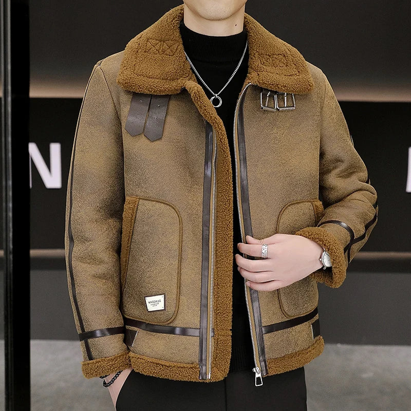 High-quality Faux Fur Leather Jackets Men Splicing Pockets Trend Casual Motorcycle Bike Jacket Winter Thick Warm Coat Streetwear