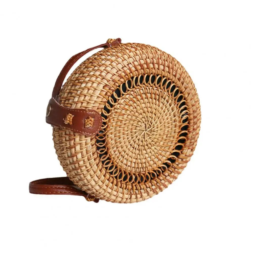 Handwoven Round Rattan Bag with Shoulder Strap Large Capacity Natural Chic Travel Use Messenger Bag for Women