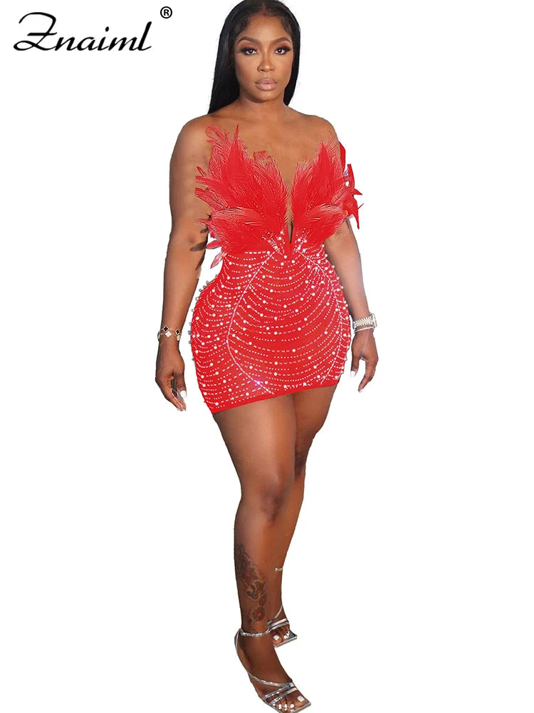 Znaiml Sexy Federn Strass Rückenfrei Diamant Transparent Mesh Bodycon Kleider für Frau Rave Club Geburtstag Party Nacht Vestidos