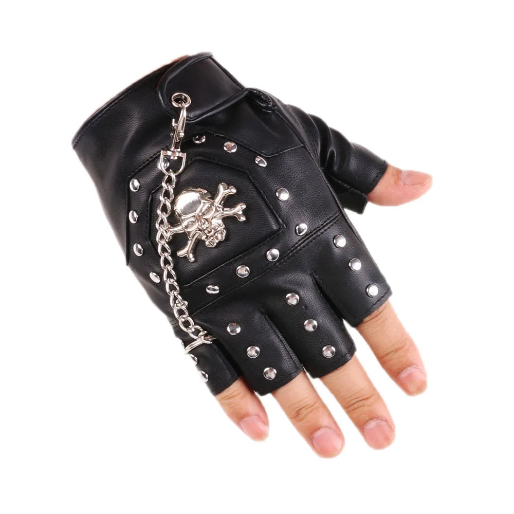 Skull Gloves Street Dance Men Fashion Punk Chain Gloves Nightclub Performance Youth Women Bracelet PU Leather Half Finger Gloves
