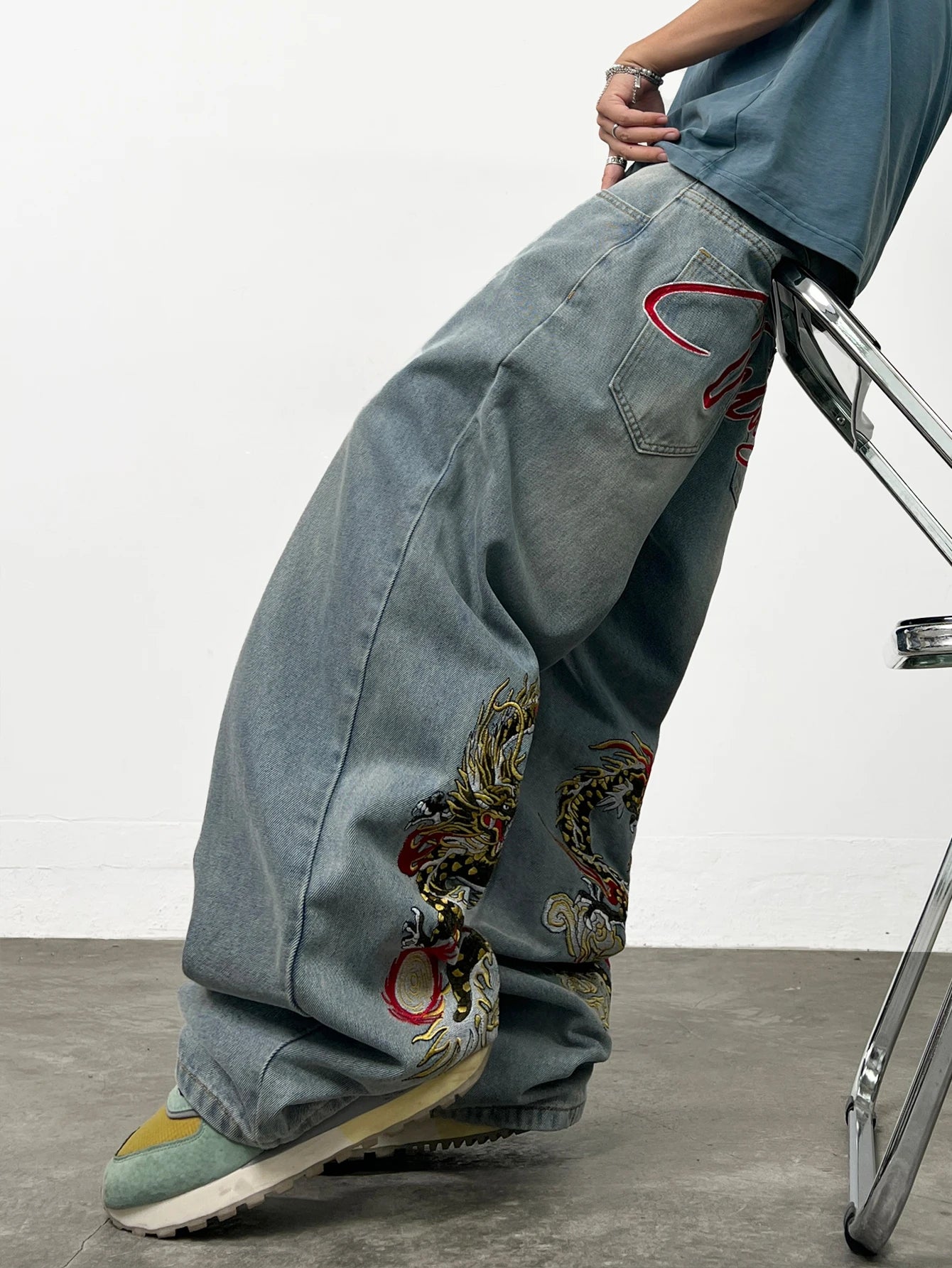 American Retro Dragon Art Embroidery Blue Baggy Jeans Men's y2k Washed Street Hip-Hop Fashion Versatile Straight Wide-Leg Pants