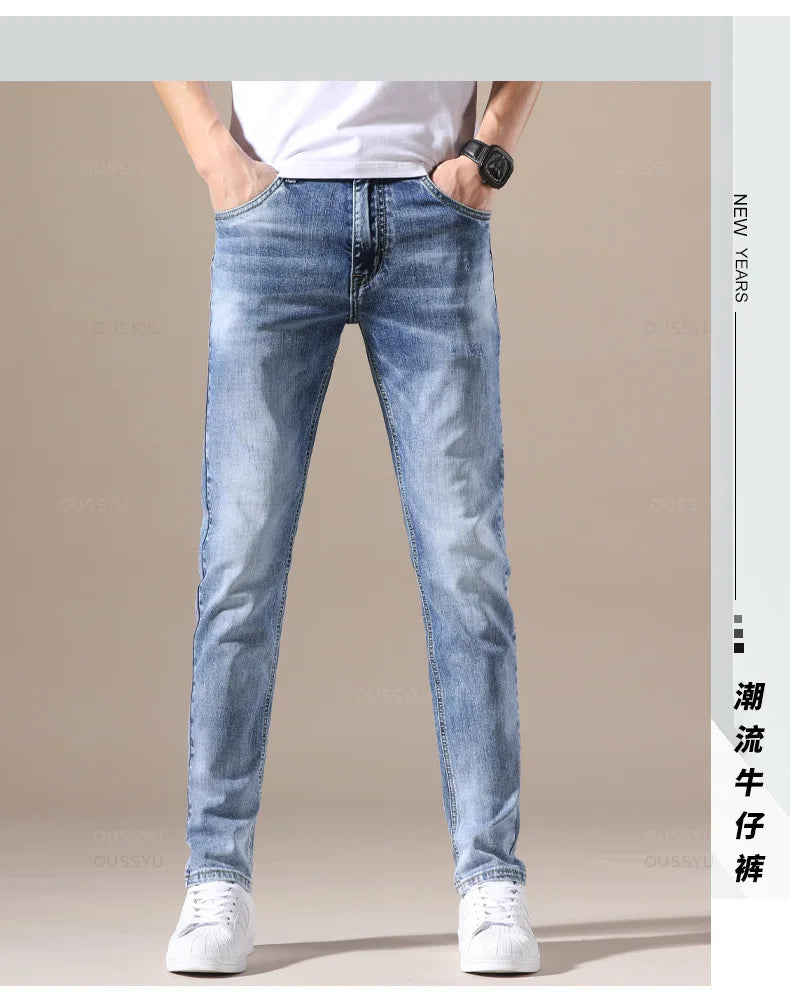Clothing Jeans Men High Quality Stretch Light Blue Denim Fashion Pleated Retro Pocket Skinny Trousers Pants 28-40