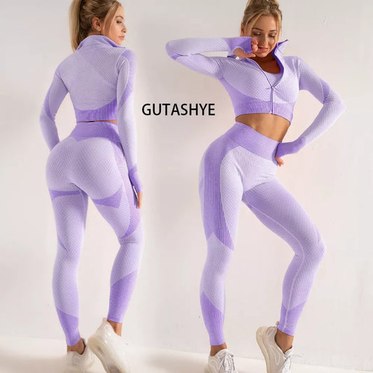 Nahtlose Langarm-Yoga-Sets für Frauen, weiblicher Sportanzug, Fitnessstudio-Kleidung, Laufbekleidung, Fitnessbekleidung, 2 oder 3 Stück