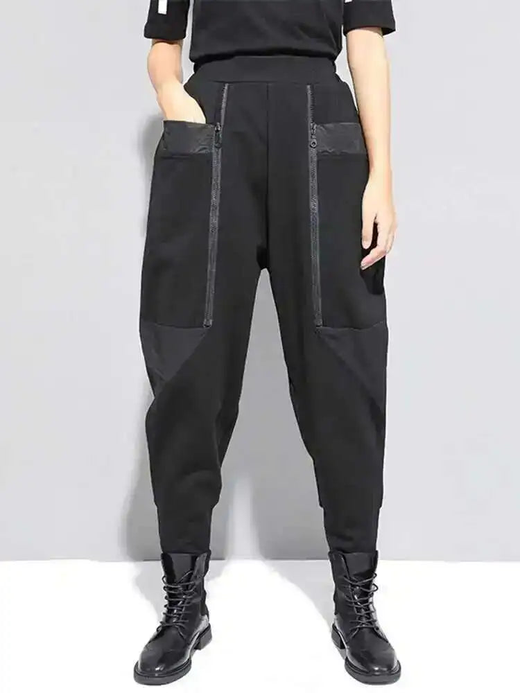 EAM High Elastic Waist Black Zipper Split Long Harem Trousers New Loose Fit Pants Women Fashion Tide Spring Autumn 2025 1N796