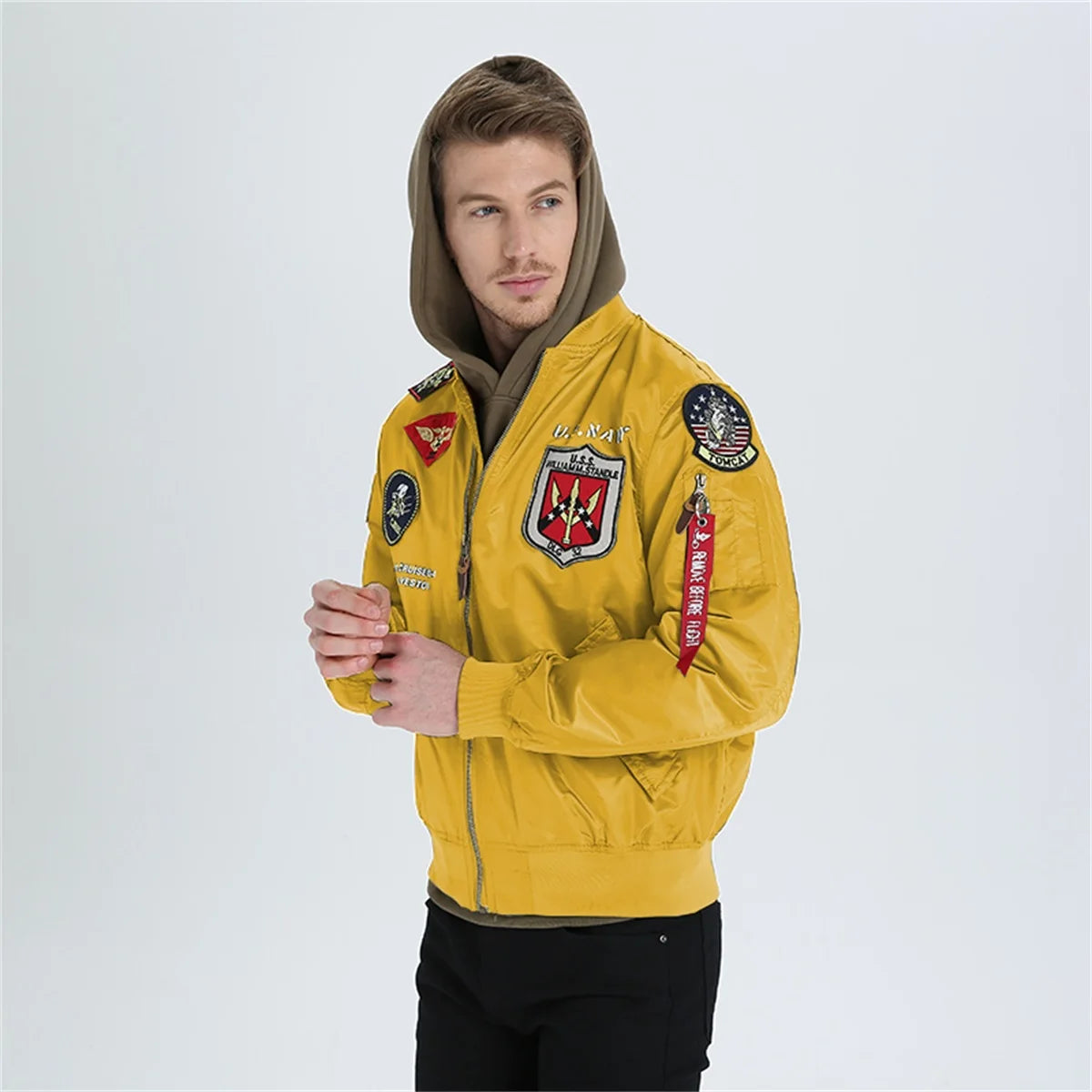 High Quality Military Fashion Casual Boy Youth Lightweight Top Gun Patch Embriodey Streetwear Ma1 Satin Flight Bomber Jacket Men