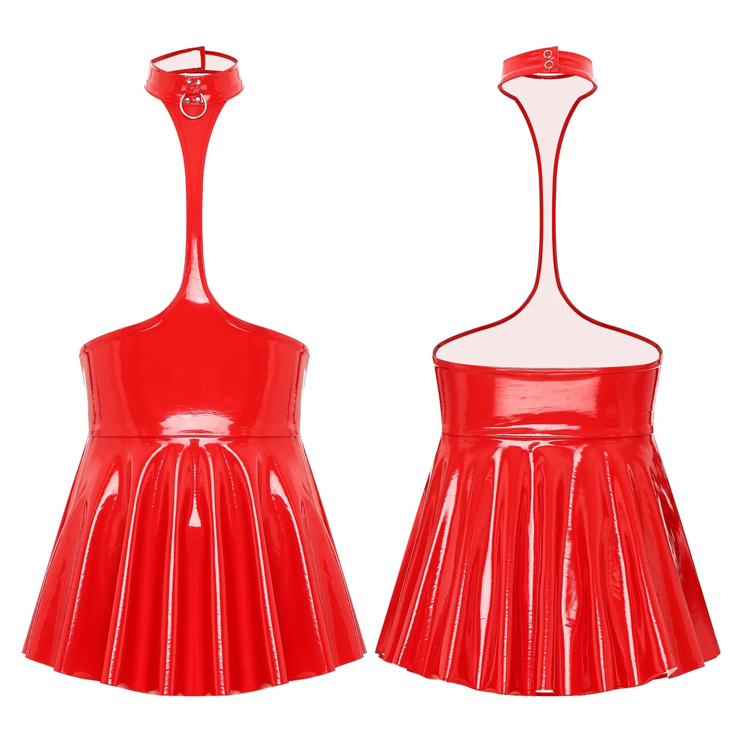 Womens Open Chest Halter Mini Dress Wet Look Patent Leather Rave Carnival Party Ruffled Sleeveless Backless Dress Nightclubwear