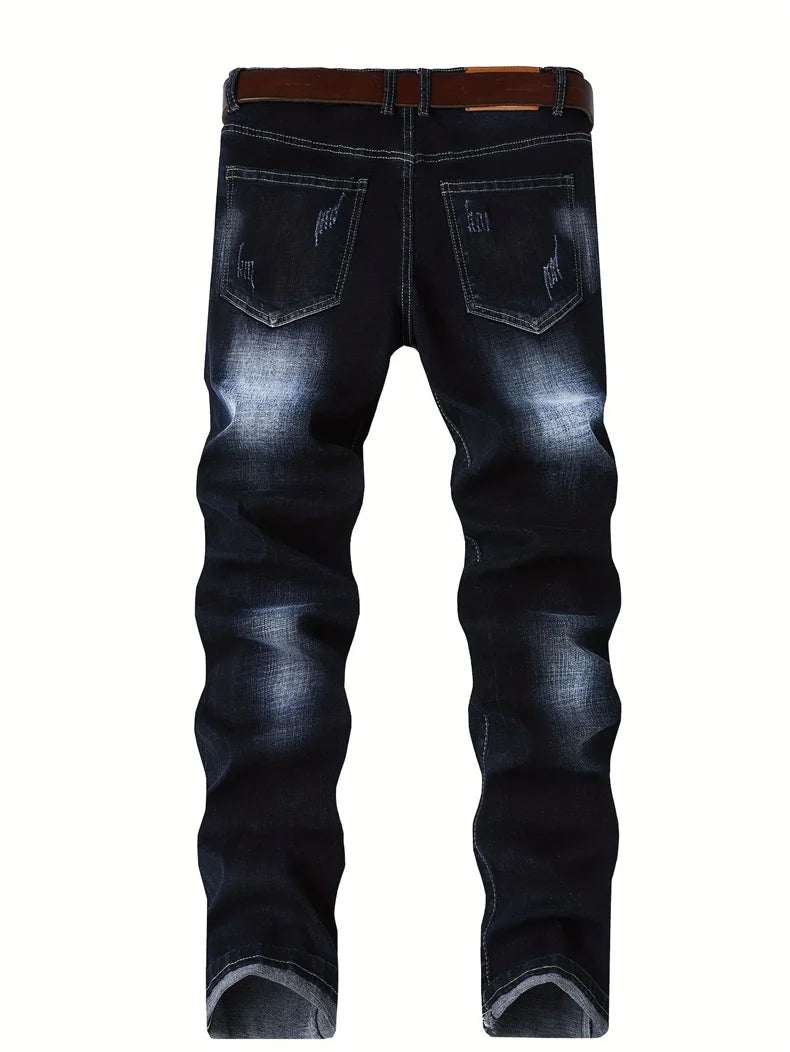 Motorcycle Trendy Straight Men's Jeans Elastic Washed Fashion Streetwear Denim Pants Embroidery Hip-Hop Trousers (Without Belt)