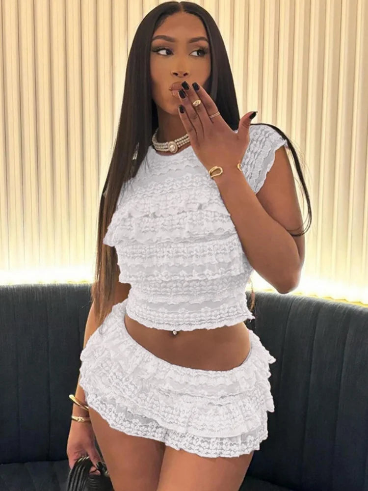 Joskaa Sexy Tierred Women 2 Piece Set Apricot Ruffles Tank Top and Shorts Skirts Matched Midnight Party Club Outfits Summer 2024