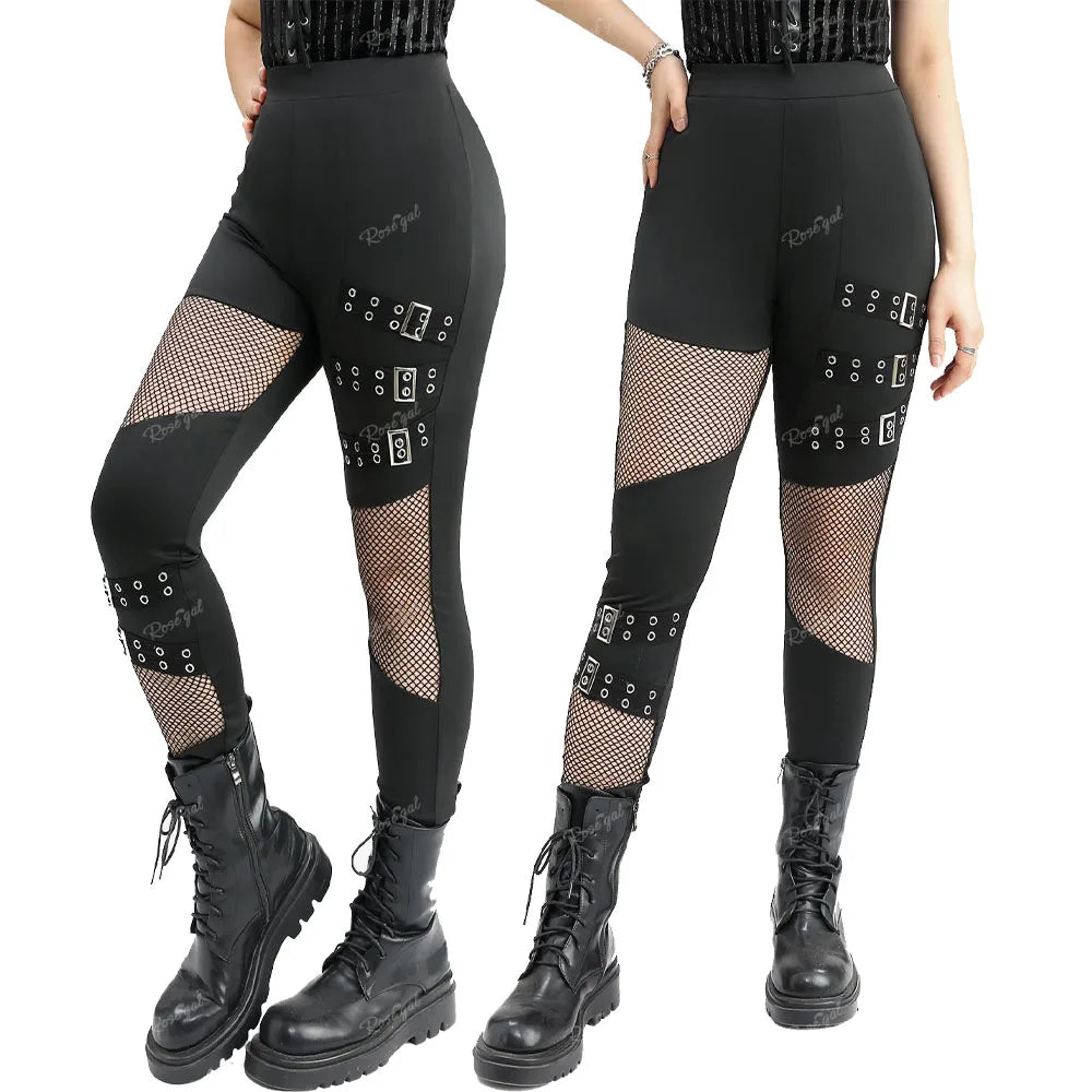 ROSEGAL Plus Size Women Elastic Waist Pants Black Gothic Fishnet Hollow Out Patchwork Buckle Grommet Skinny Pant Bottoms