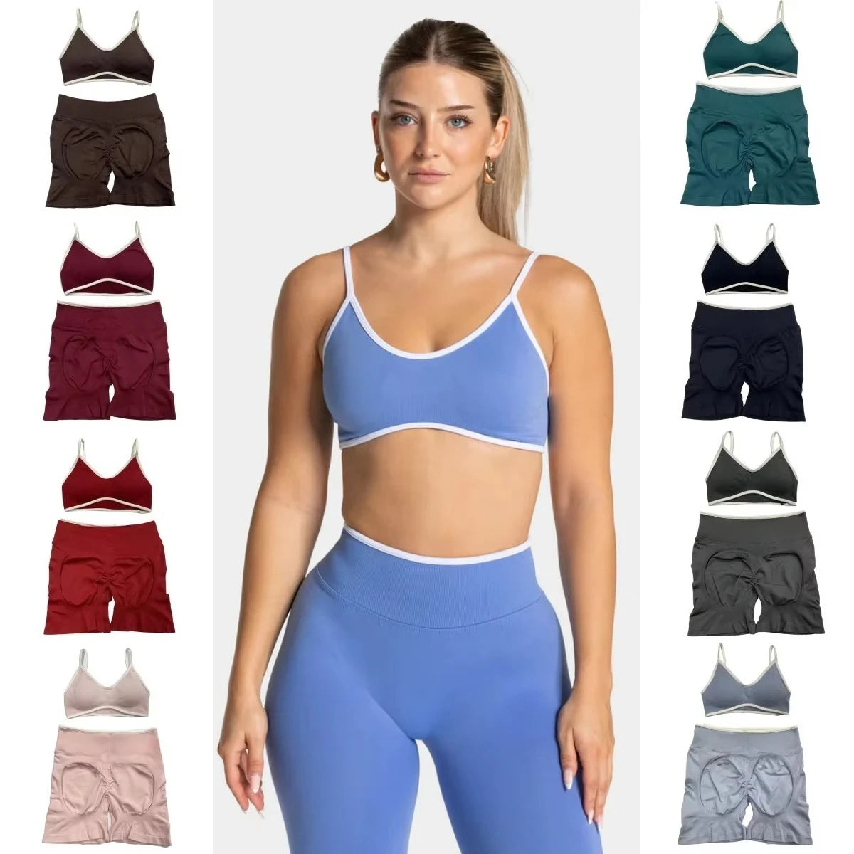2 Pieces Sports Set Women Backless Tank Yoga Tops High Waist Scrunch Seamless Shorts Sport Gym Set Sportswear Workout Set