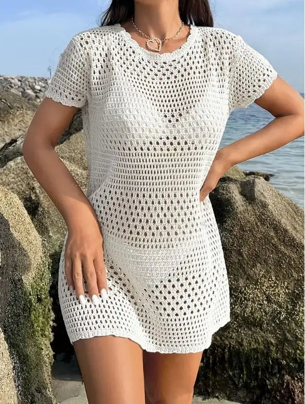 Summer Solid Color Mini Dress round Neck Holiday Hollow out Sun Protection Beachwear Women's Fashion Casual Skirt