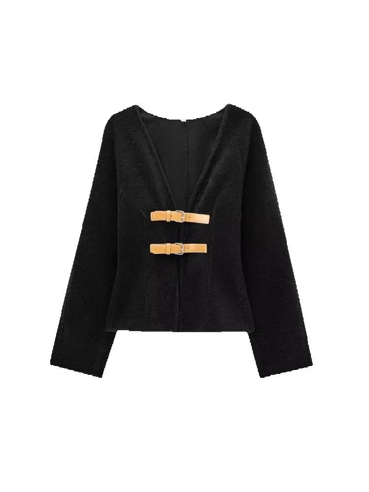 Women Fashion With Belt Woolen Jacket Coat V Neck Long Sleeve Female Outerwear Chic Tops