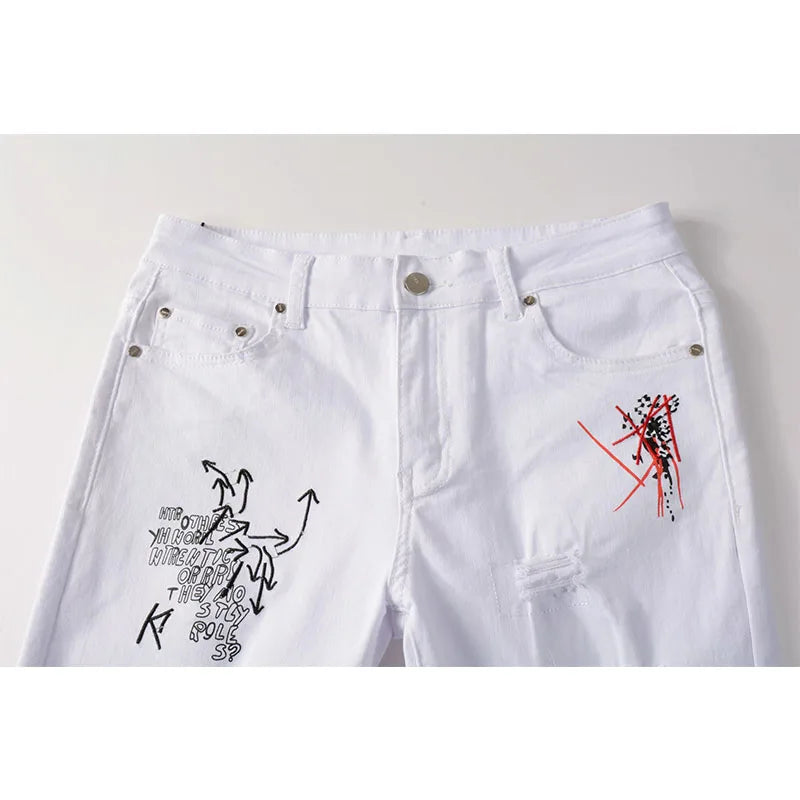 Fashion Embroidery Letters White Skinny Jeans Trousers Men Hip Hop Punk Casual Motorcycle Stretch Ripped Denim Pants Streetwear