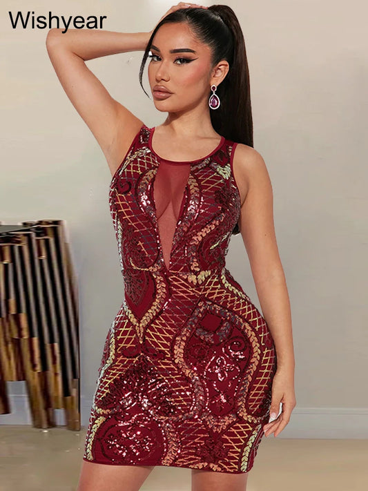 New Luxury Sequin Mesh See Through Bodycon Evening Party Club Mini Dresses Women Round Neck Sleeveless Slim Birthday Vestidos