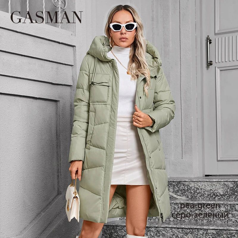 GASMAN  Women Down Jacket Long Classic zipper design Big Pocket Stand Collar Hooded Slim coat Women Parkas