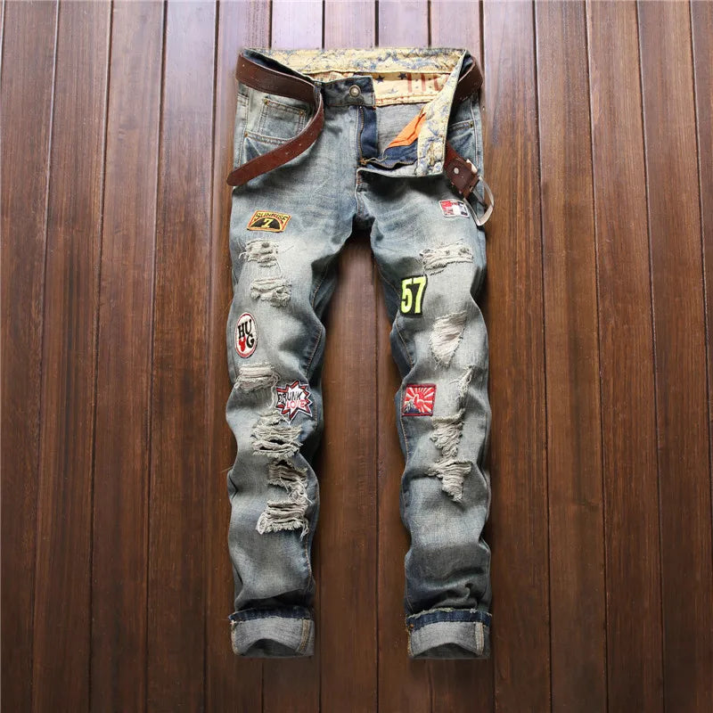 New Men's Hip Hop High Street Motorcycle Jeans Badge Distressed Ripped Denim Trousers Male Non-stretch Straight Slim Fit Jeans