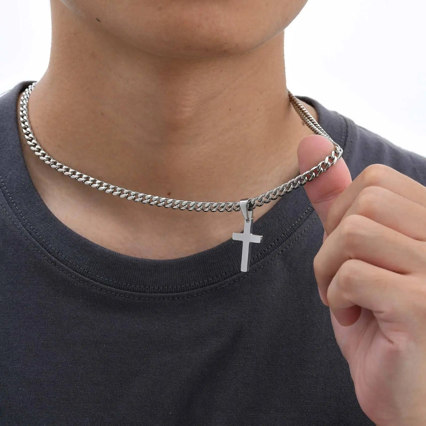 High Quality Cross Necklace for Men Boys,Stainless Steel Pendant with 5MM Cuban Chan,Classic Simple Jewelry Gift