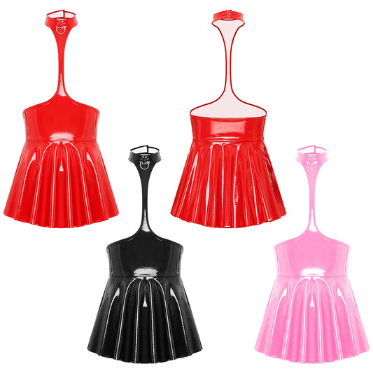 Womens Open Chest Halter Mini Dress Wet Look Patent Leather Rave Carnival Party Ruffled Sleeveless Backless Dress Nightclubwear
