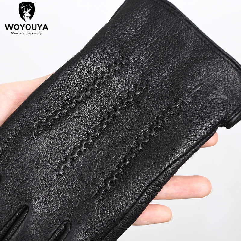 Fashion deerskin Men's gloves,Best-selling soft men's winter gloves,Keep warm black gloves men Wave design -8001N