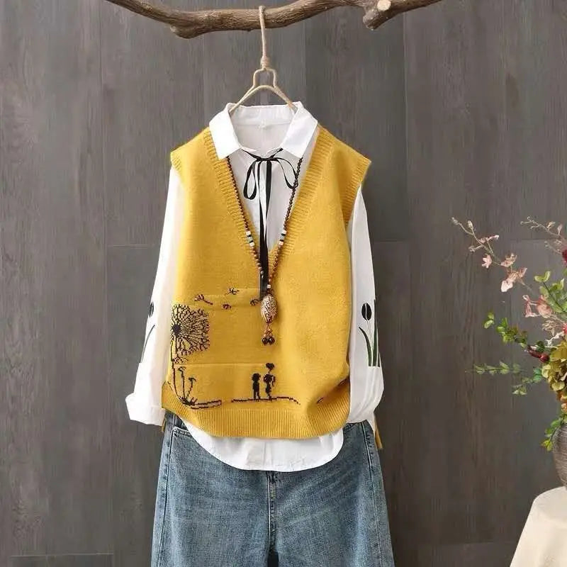 2023 Spring and Autumn New Korean V-neck Knitted Tank Top for Women's Casual Loose Sleeveless Age Reducing Top