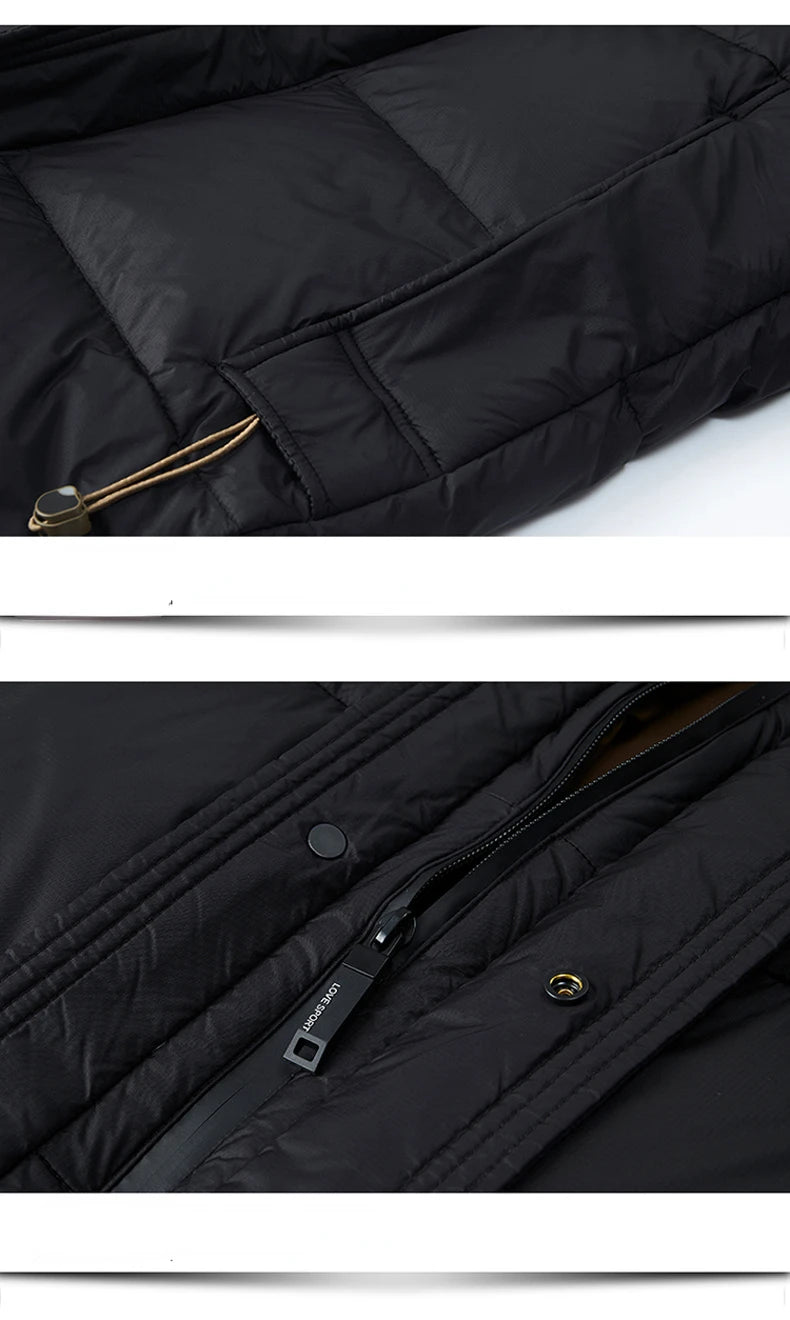 Leichte Luxus-Daunenjacke für Herren, lang, Winter 2024, trendig, 90 % weiße Entendaunen, warmer Mantel, Business-Casual-Mütze, leichte Daunenjacke