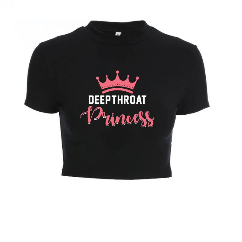 Deepthroat Princess Women Crop Top Black Short Bandage Tee Tops Girls Sexy TShirt Harajuku High Elasticity Tight Short Sleeves
