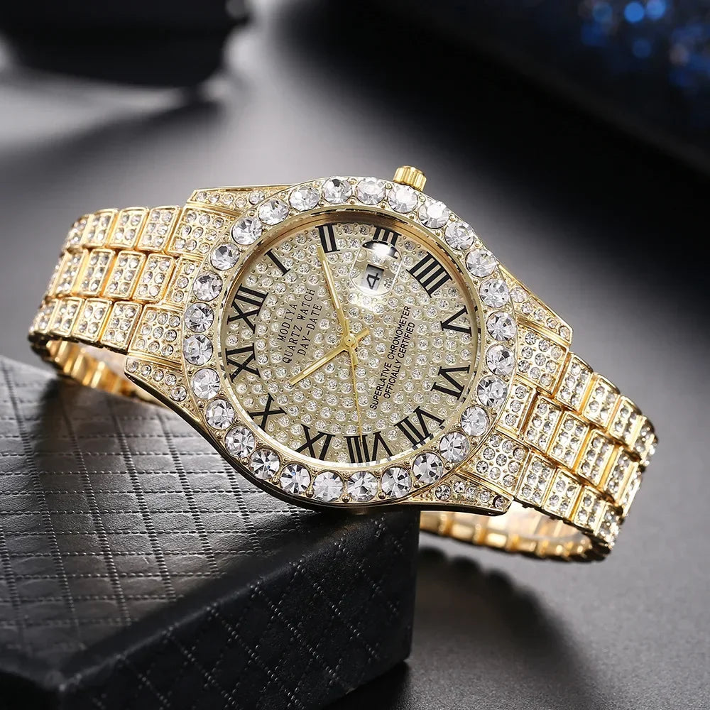 Diamond Bling Watch Men Gold Color Luxury Gift Quartz Watches Male Clock Dropshipping  Rhinestone Calendar Wristwatch