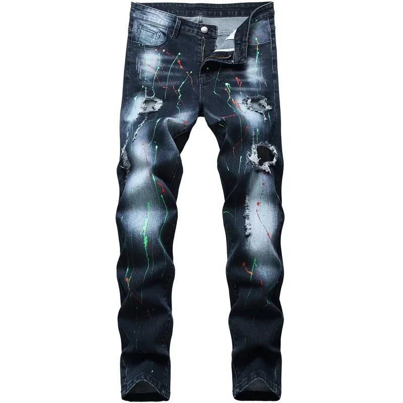 High Quality Men Casual Black Jeans Paint Slim Straight Hole Biker Jeans Autumn Jean Homme Male Denim Pants Plus Size