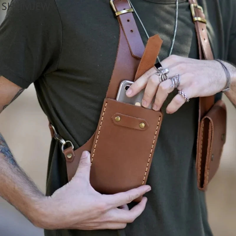 Fashion Double Shoulder Straps Multi-pocket Men Outdoor Anti-theft Chest Bag Medieval Leather Multi-function Crossbody Bag Walle