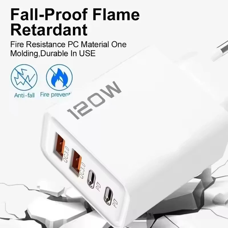 New 120W 4 Port USB Type C Charger Fast Charging Data Cable USB Phone Charger Adapter For Samsung iPhone Huawei Wall Charger