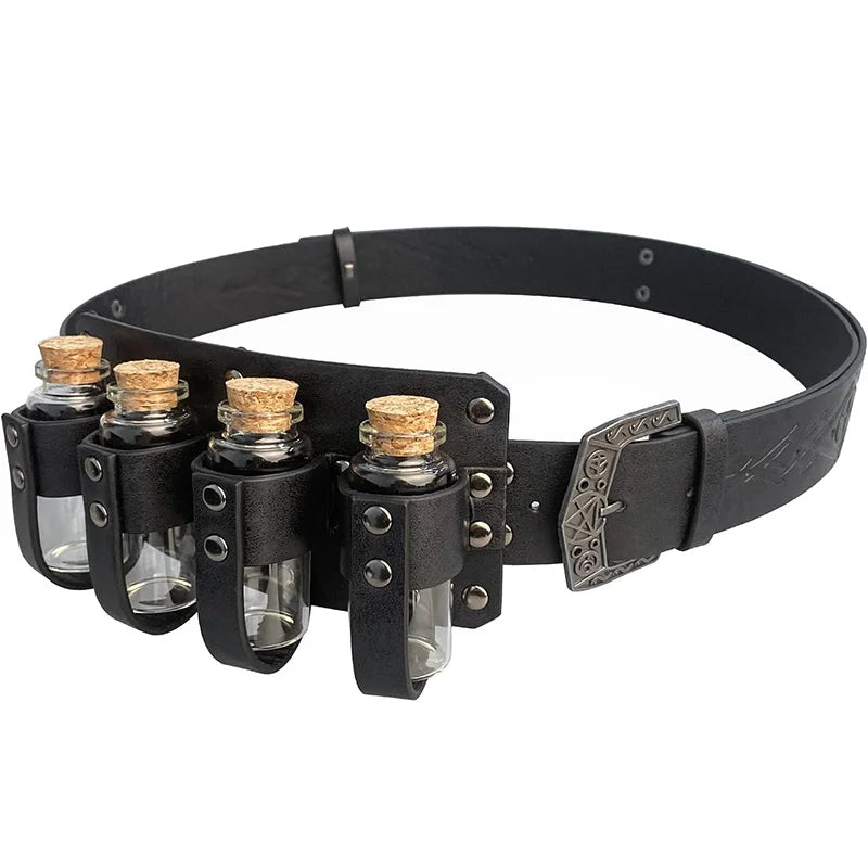 1PC/2pcs medieval Pu leather belt and 4 Cork vials set fantasy witch potion bottle belt relief alchemy Halloween LARP