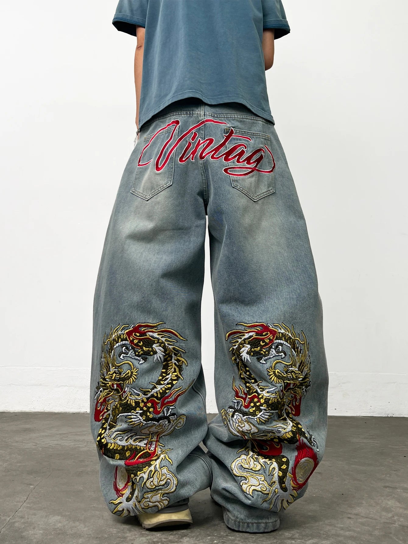 American Retro Dragon Art Embroidery Blue Baggy Jeans Men's y2k Washed Street Hip-Hop Fashion Versatile Straight Wide-Leg Pants