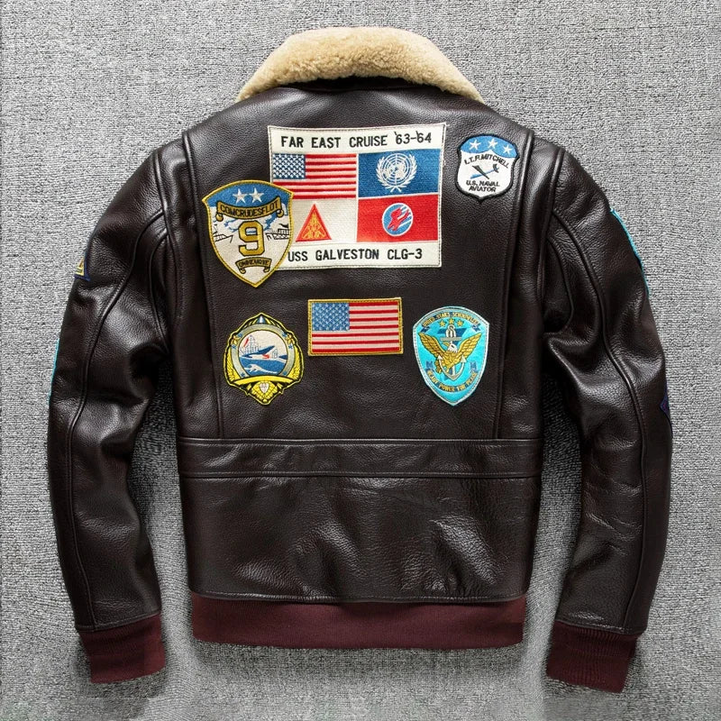 Men's High Quality Genuine Cow Leather Jacket G1 Pattern Pilot Vintage Air Force Jackets Warm Fur Collar Coat Top Gun Same Style